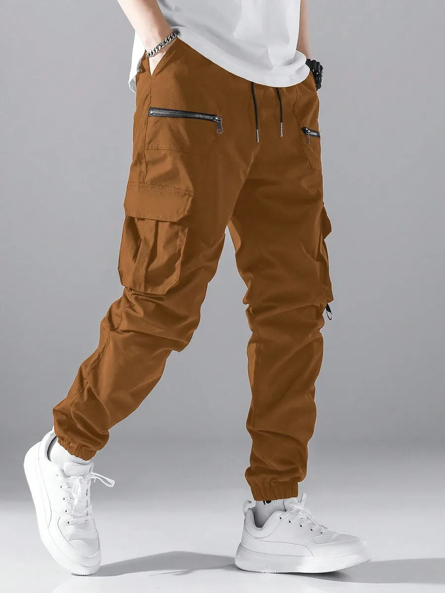Loose Fit Mens Cargo Pants With Flap Pockets Elastic Waist