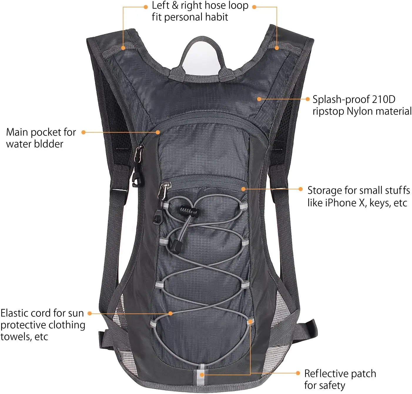 Backpack w/ 2L (70oz) Water Bladder - Perfect for Hiking, Cycling, Camping.