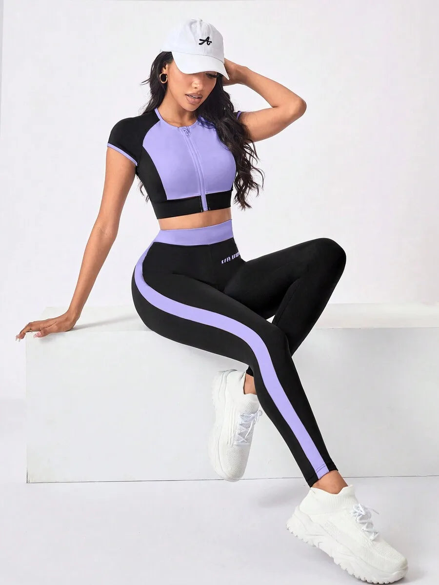 Contrast Color Short Sleeve Crop Top And High Waist Leggings Sport Set For Women