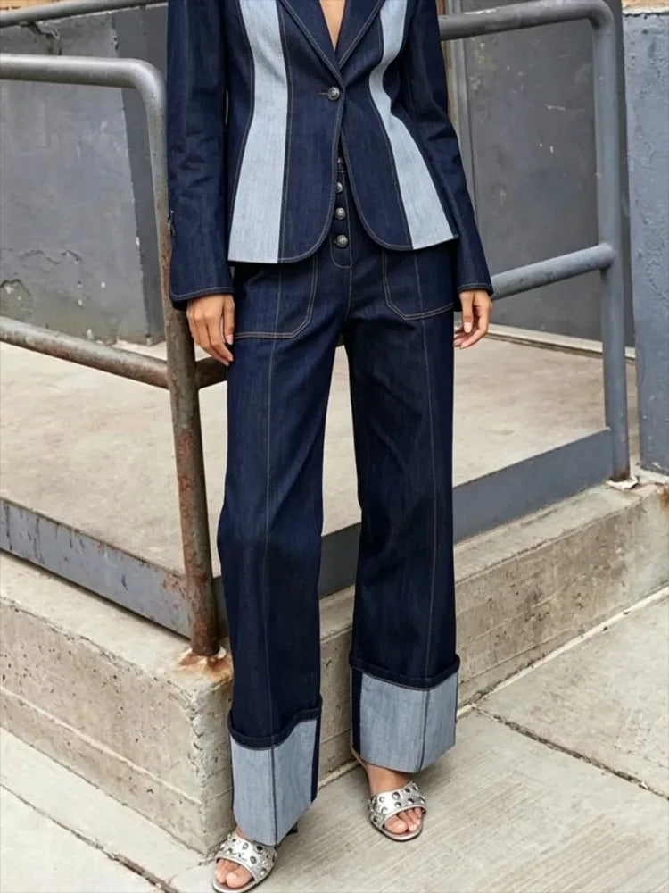 Women's Patchwork Denim Pants High Waisted Straight Leg Trousers