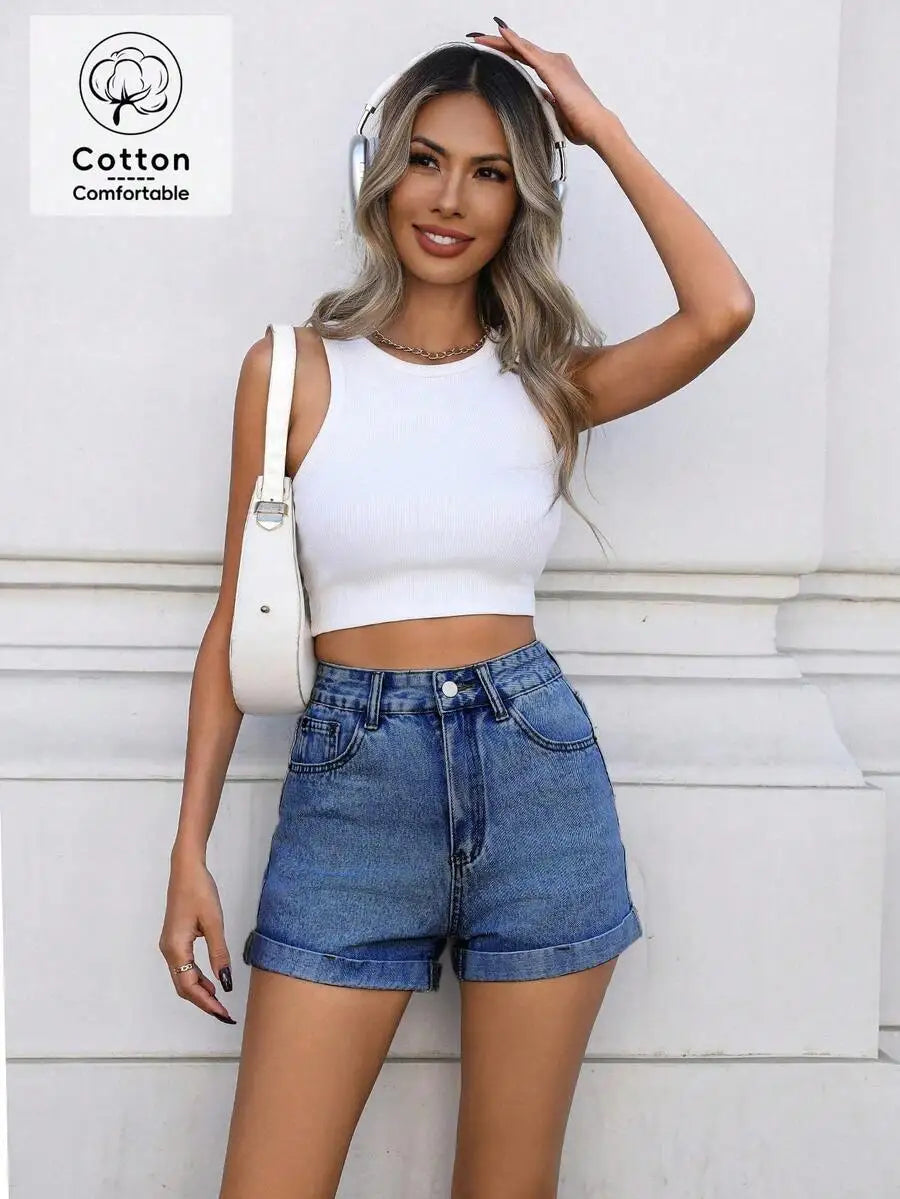 Y2K Style Casual Rolled Hem Straight Leg Denim Shorts For Women