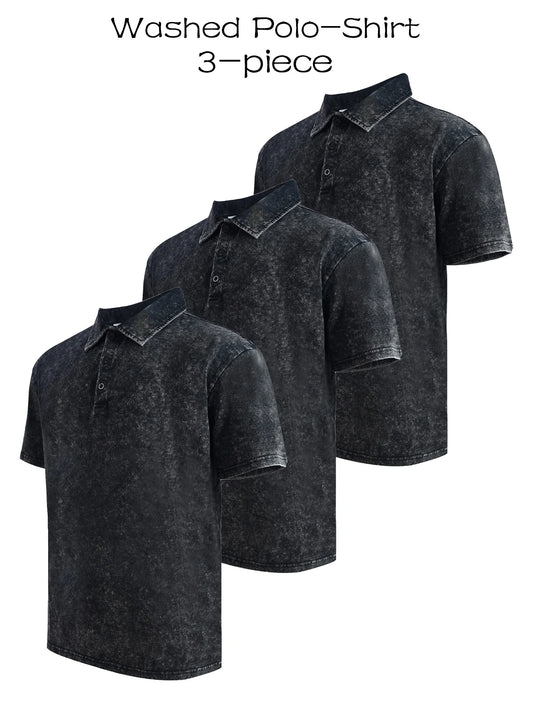 Three piece men's premium washed golf T-shirt classic short sleeved lapel shirt casual breathable top Valentine's Day gift