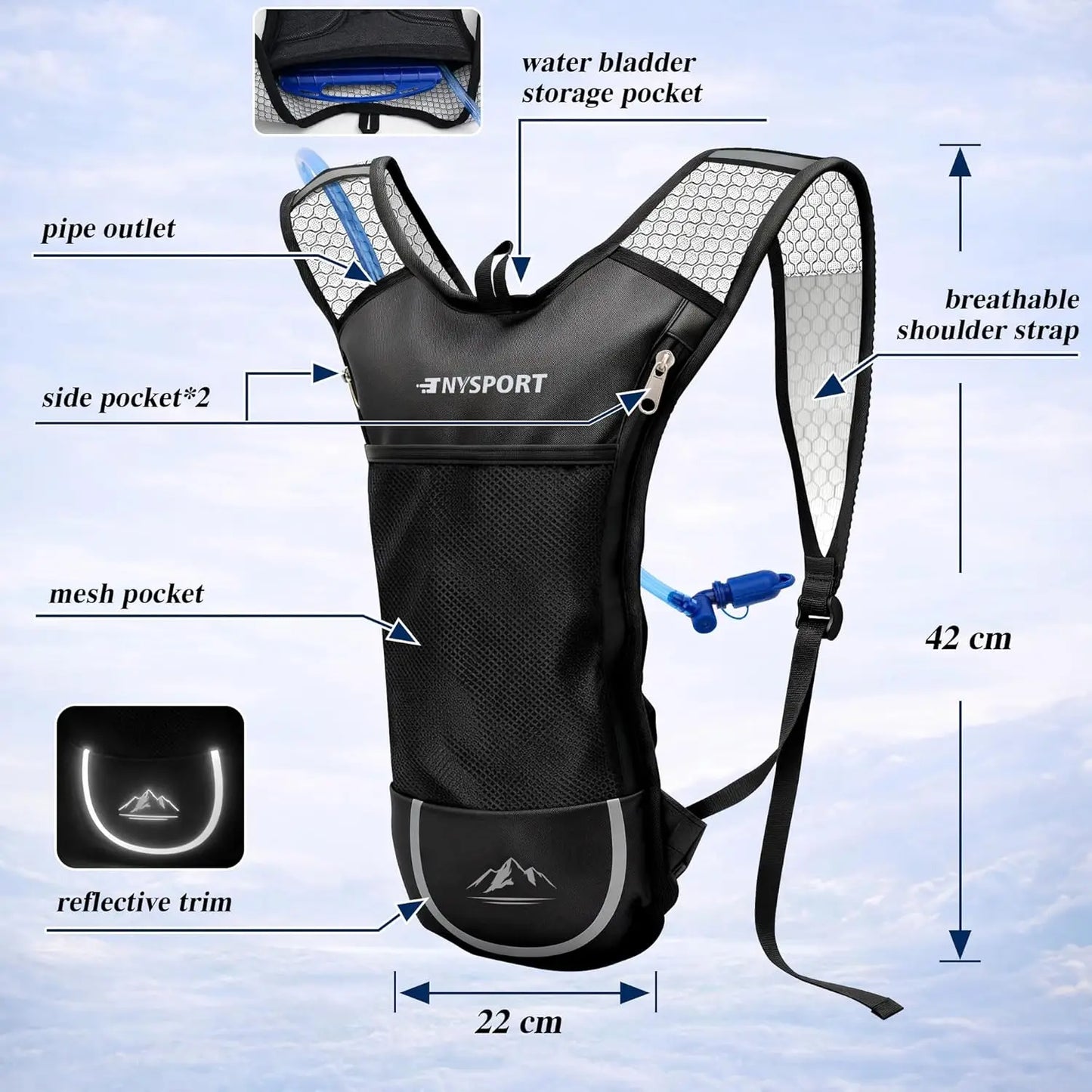 Hydration Backpack 2 Pack With 2L Bladder Lightweight Breathable