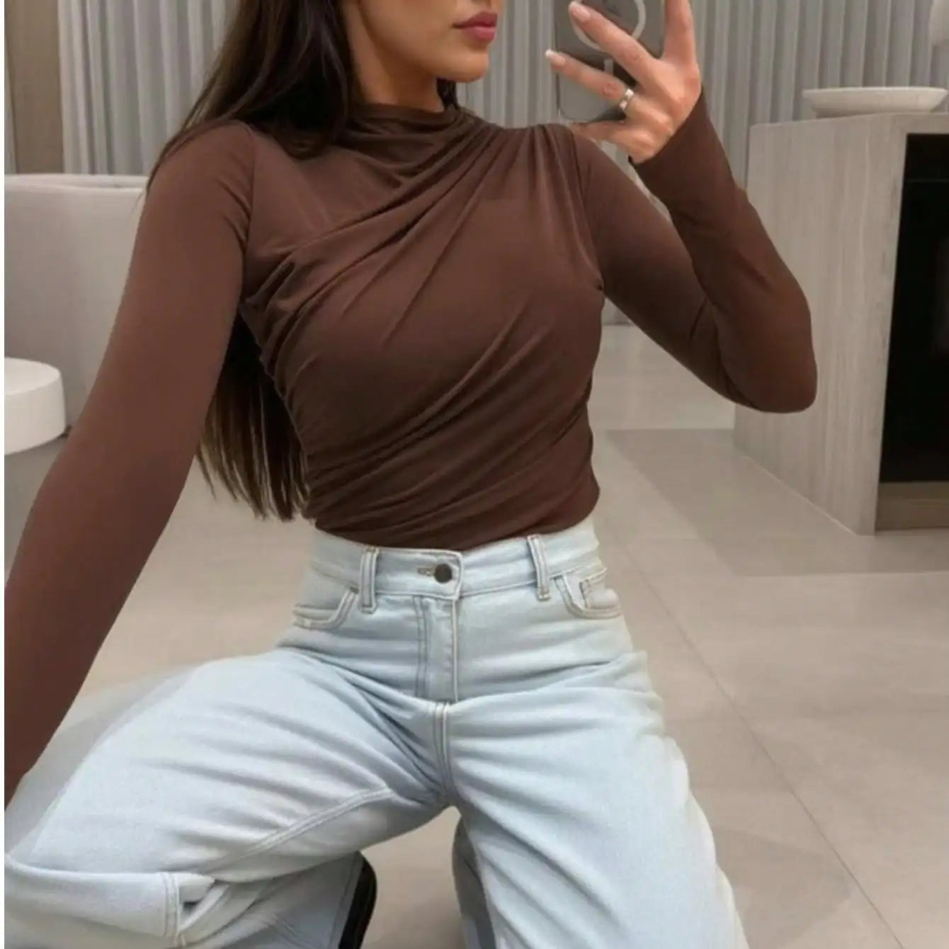 Fisoew women's Basic Tops Fall New Arrival  Early Autumn Versatile Slim Fit Thin Layering Tee Long Sleeve T-Shirt