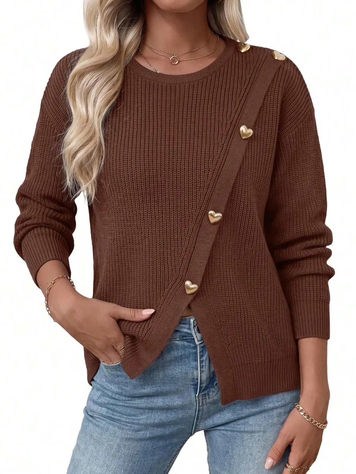 Womens Cable Knit Pullover Sweater With Side Split Crewneck