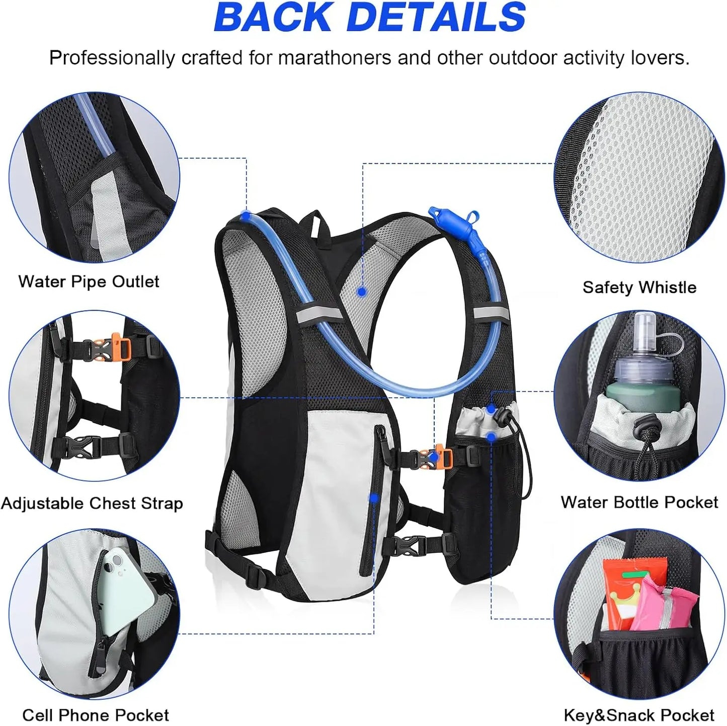 Running Hydration Vest, Lightweight Insulated Backpack with 2L Water Bladder, Adjustable Straps, Reflective for Marathon Hiking