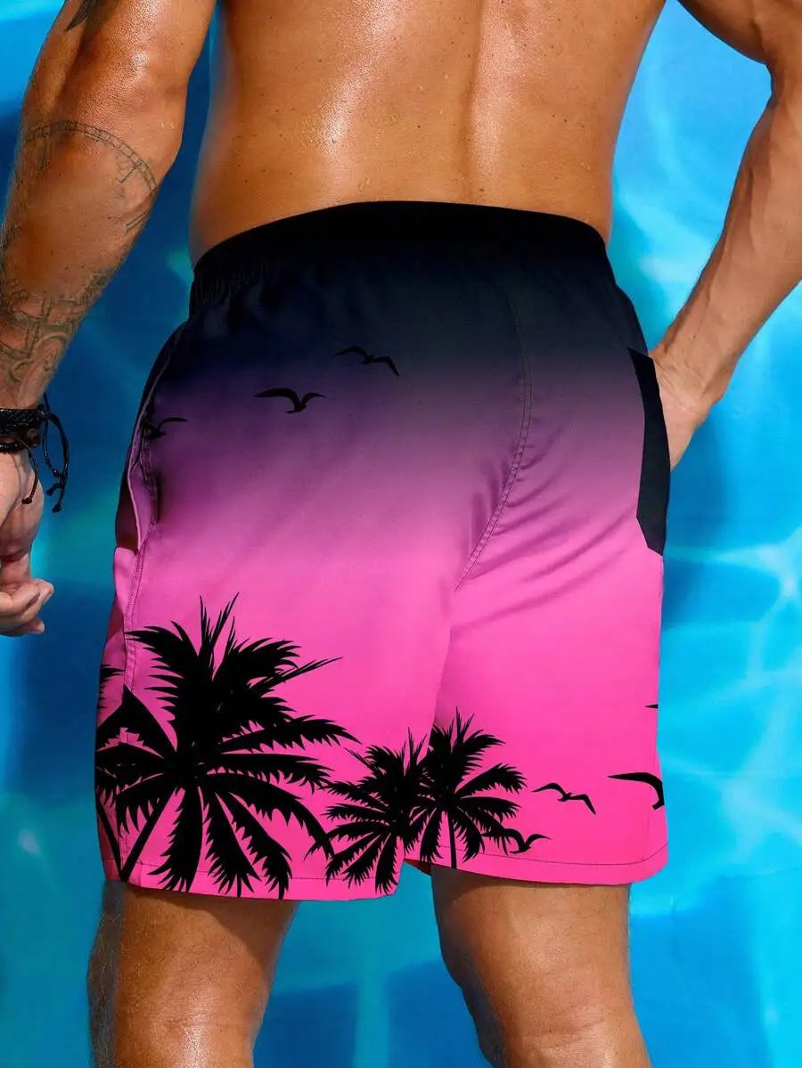 Palm Tree Print Drawstring Beach Shorts For Men Beachwear Holiday