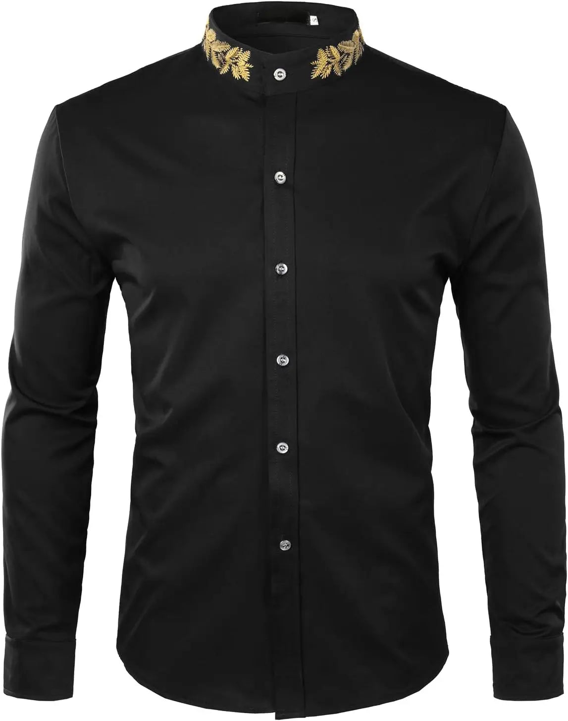 Men's Gold Embroidery Mandarin Collar Slim Fit Long Sleeve Shirt