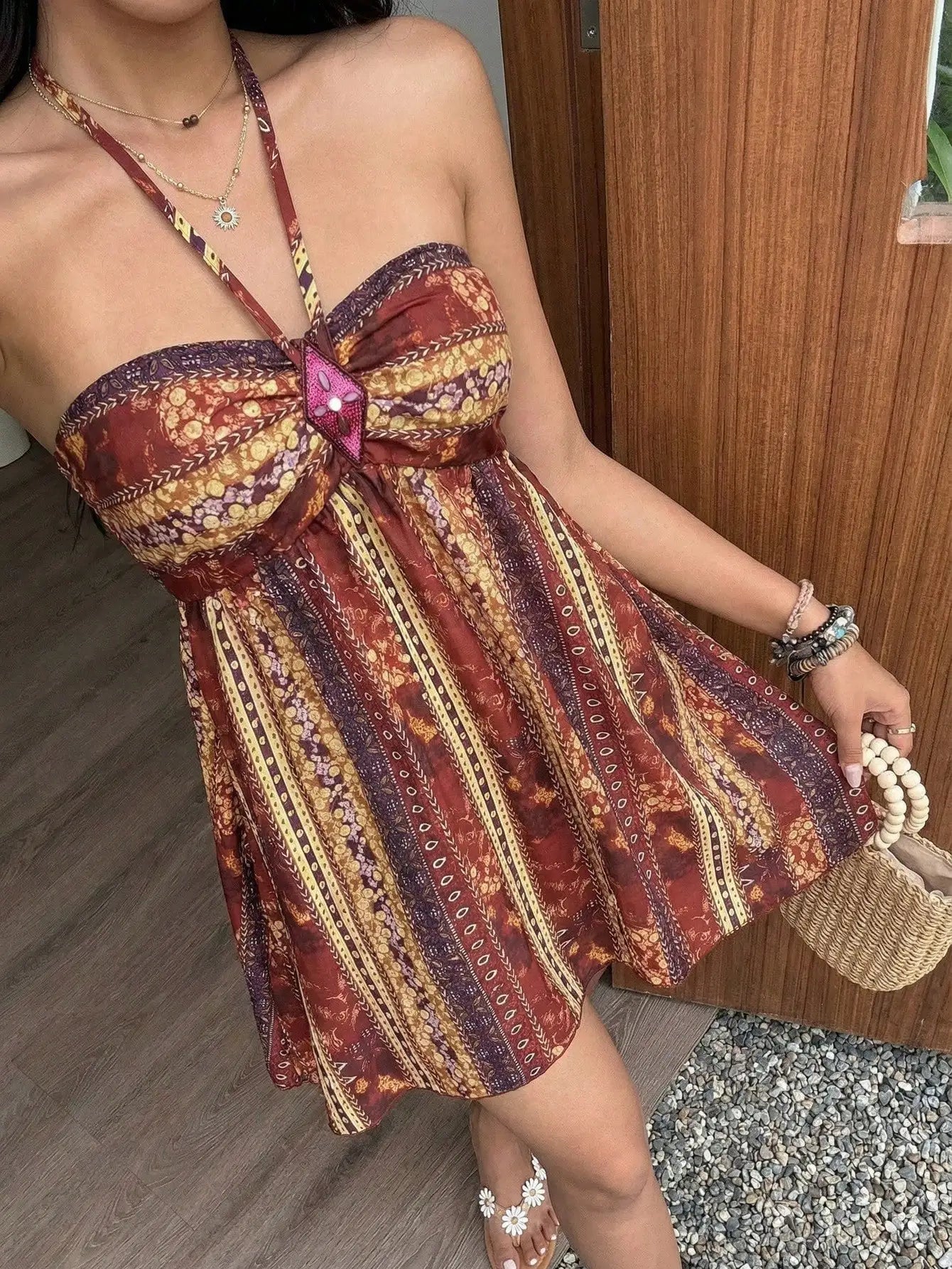 Bohemian Paisley Sequin Halter Party Mini Dress For Women