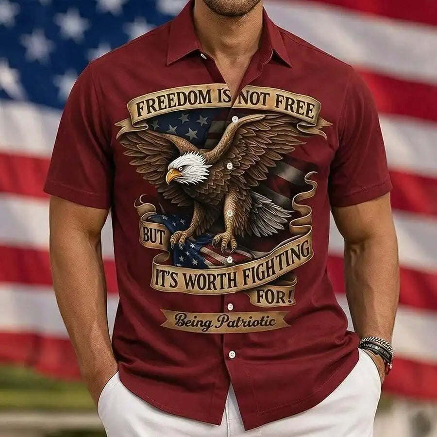Patriotic American Flag Print Men's Short Sleeve Button Up Shirt