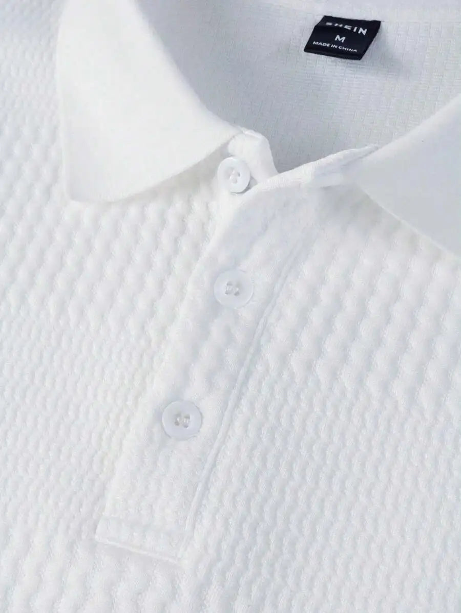 Men's Long Sleeve Textured Knit Polo Shirt - Solid White, Casual Business Wear