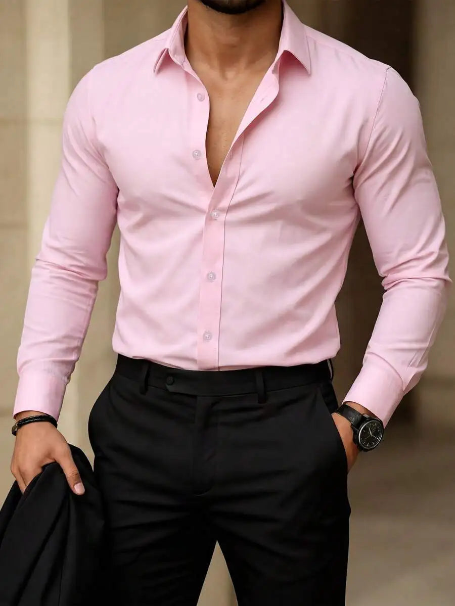 Solid Color Long Sleeve Casual Shirt For Men With Turn Down Collar
