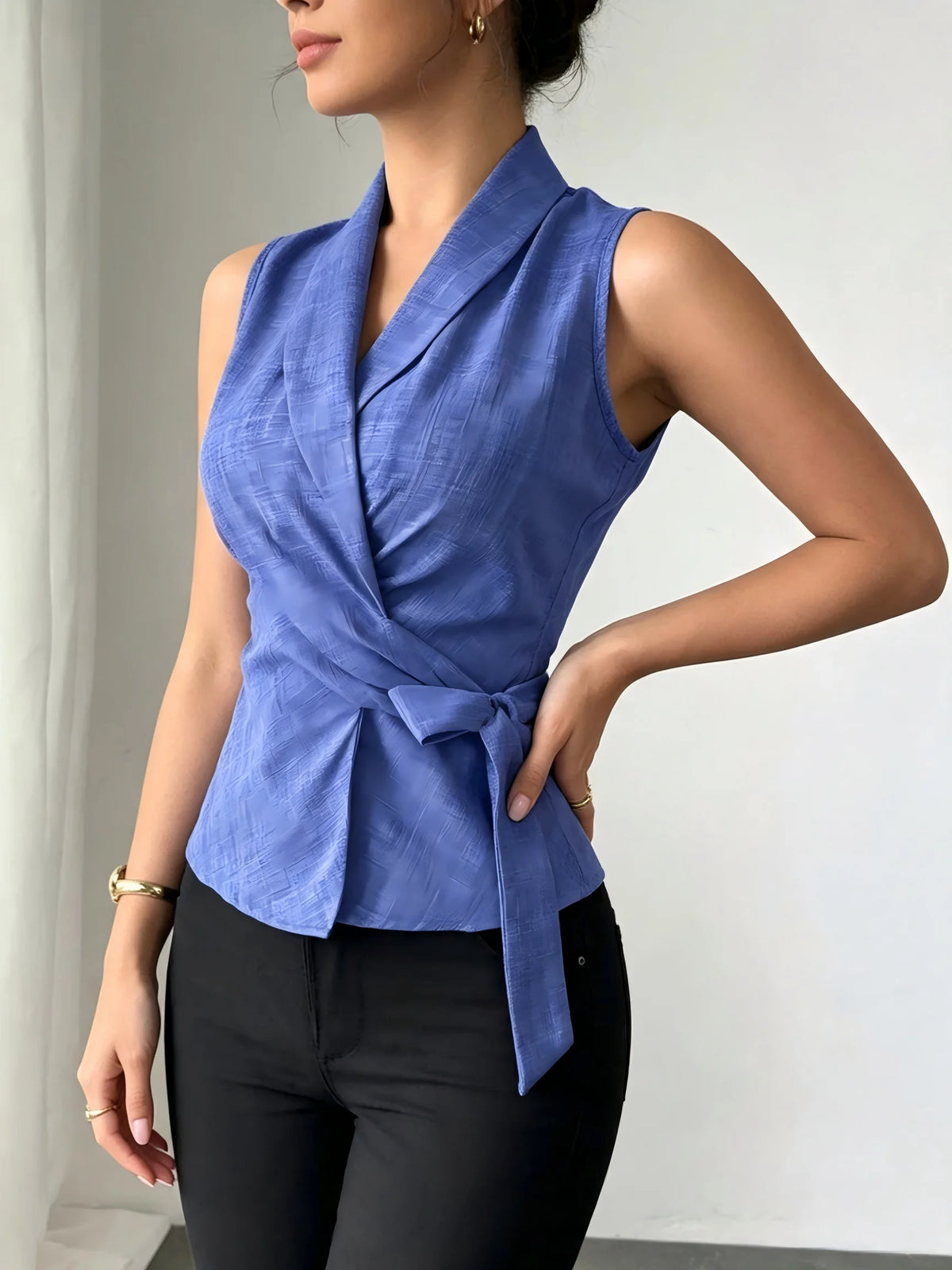 Womens Sleeveless V Neck Wrap Blouse With Adjustable Tie Waist