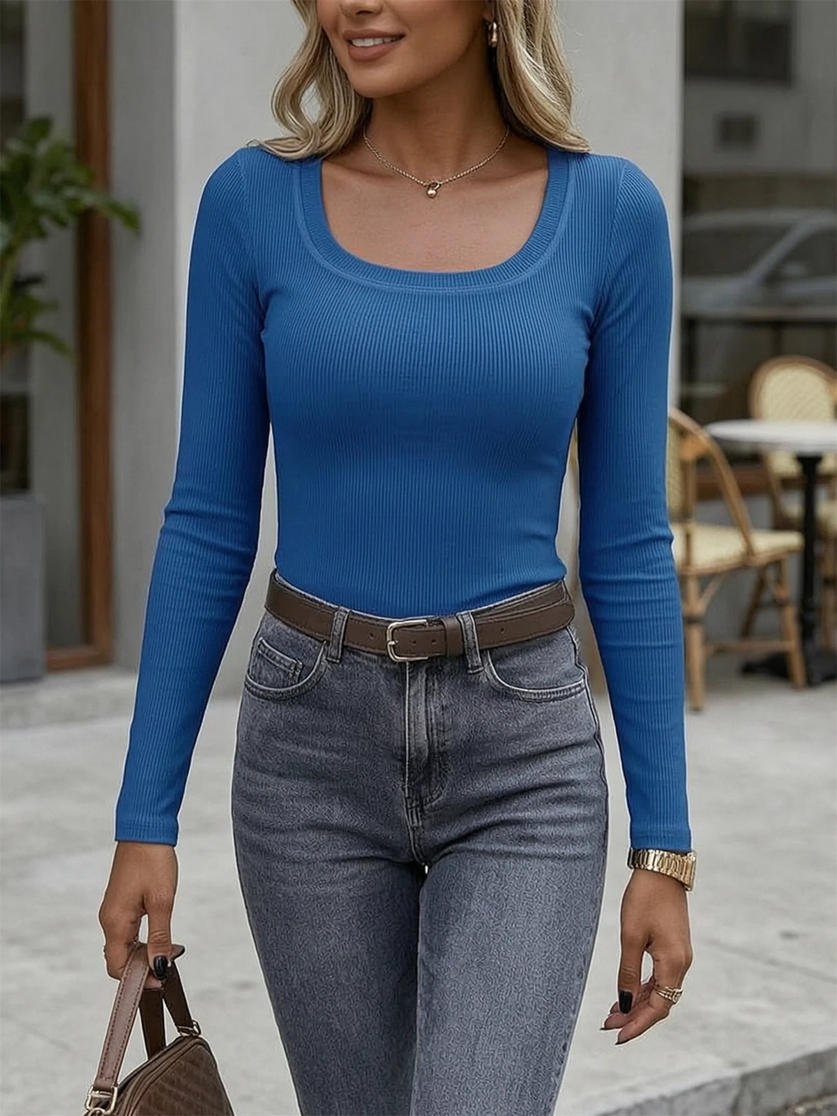 Womens Square Neck Ribbed Long Sleeve Slim Fit Top