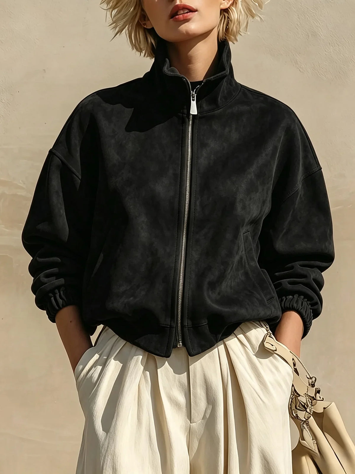 Women's Retro Suede Style Stand Collar Zipper Jacket Cinched Sleeves