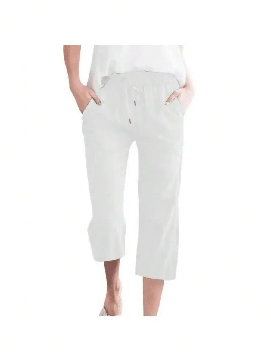 Womens Summer Elastic High Waist Linen Cotton Blend Drawstring Capris