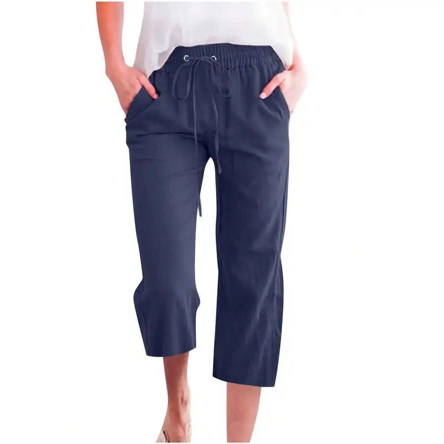 Womens Summer Elastic High Waist Linen Cotton Blend Drawstring Capris
