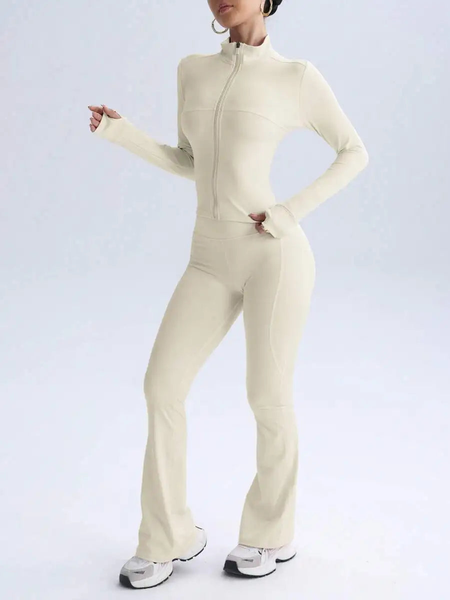 Women Solid Seamless Sports Set Elastic Jacket With Butt Lifting Leggings