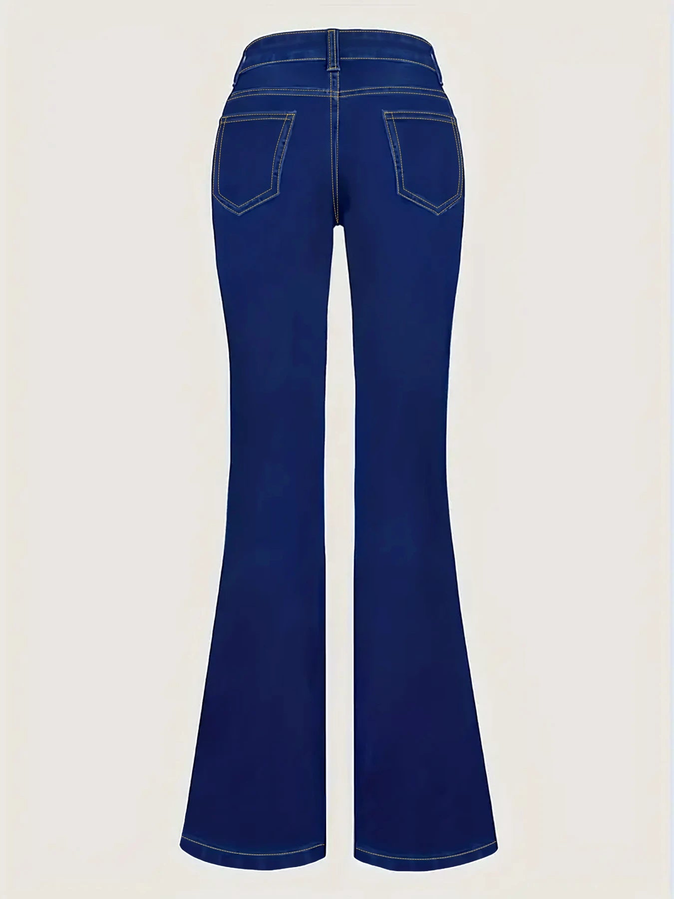 Plus Size Women's Dark Blue Flare Jeans, Multi Button Waist, Patch Pockets, Contrast Stitch High Stretch Retro Denim Pants