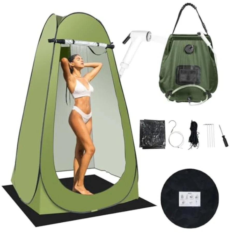 Portable Camping Privacy Tent, Outdoor Shower Tent Kit with 5 Gallon Shower Bag- Nozzle Upgraded