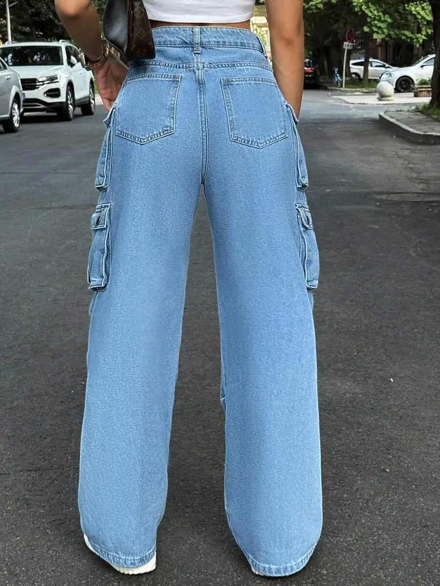 High-Waisted Wide Leg Cargo Denim Pants For Women