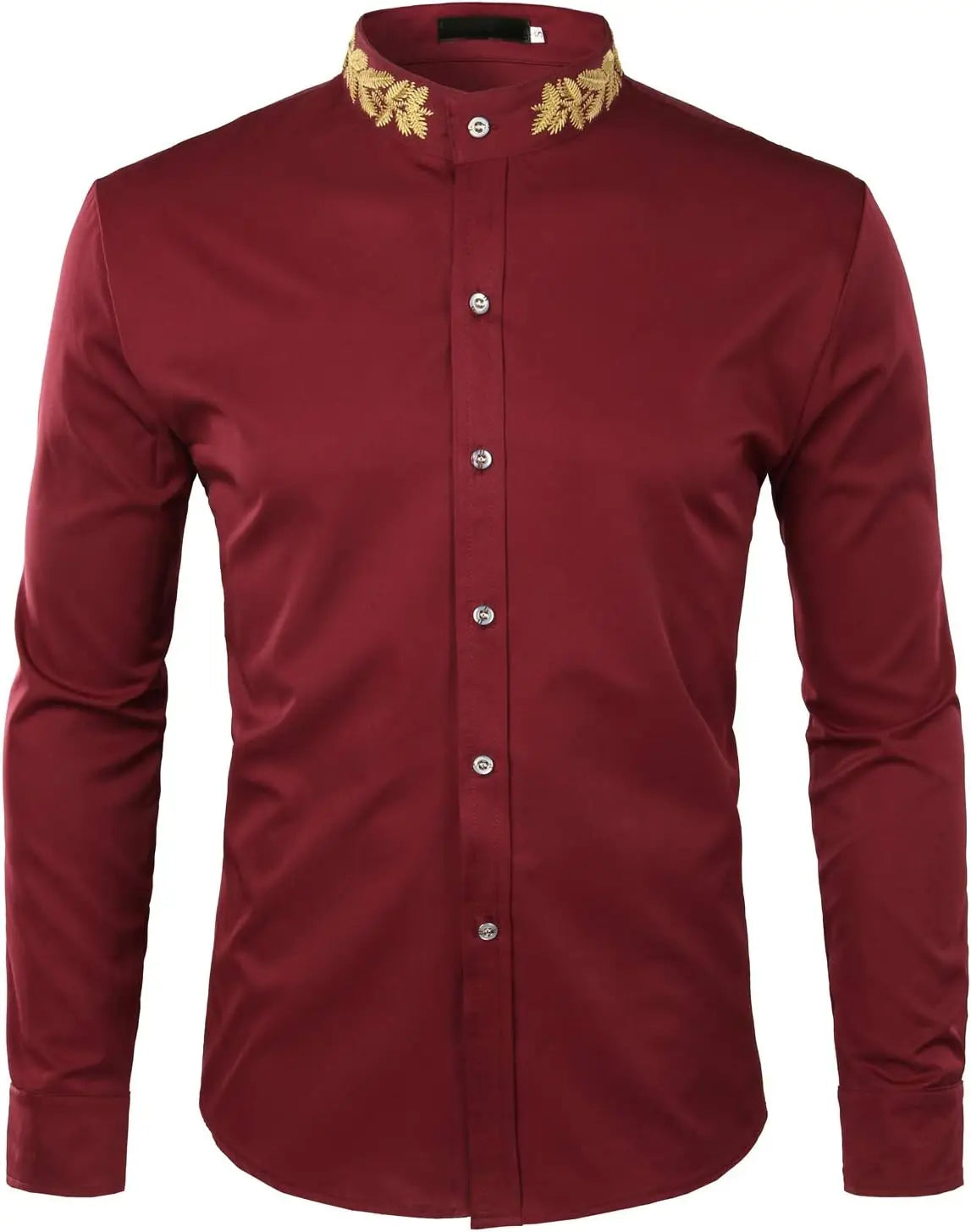 Men's Gold Embroidery Mandarin Collar Slim Fit Long Sleeve Shirt