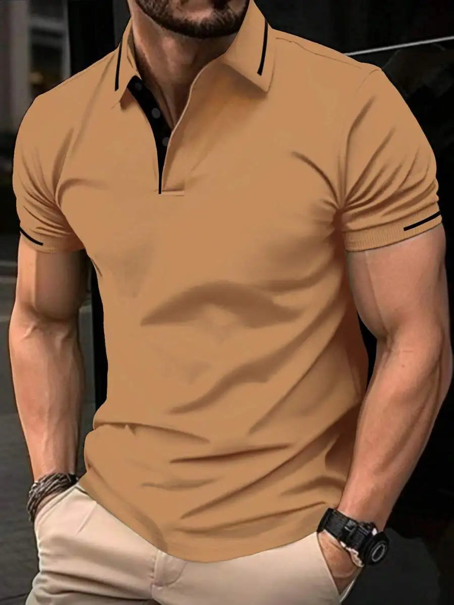 Navy Blue Men's Polo Shirt with Red Trim Collar and Cuffs, Short Sleeve Casual Summer Top