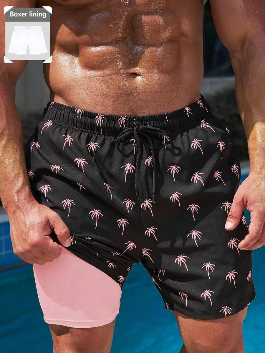 Palm Tree Print Drawstring Beach Shorts For Men Beachwear Holiday