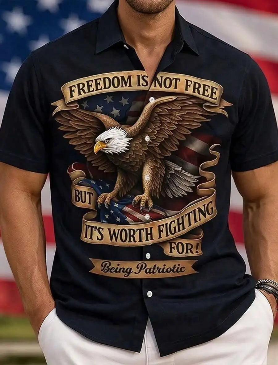 Patriotic American Flag Print Men's Short Sleeve Button Up Shirt