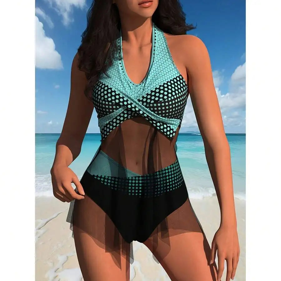 Women Halter Tie Two Piece Swimsuit With Mesh Panel High Waisted Polka Dots