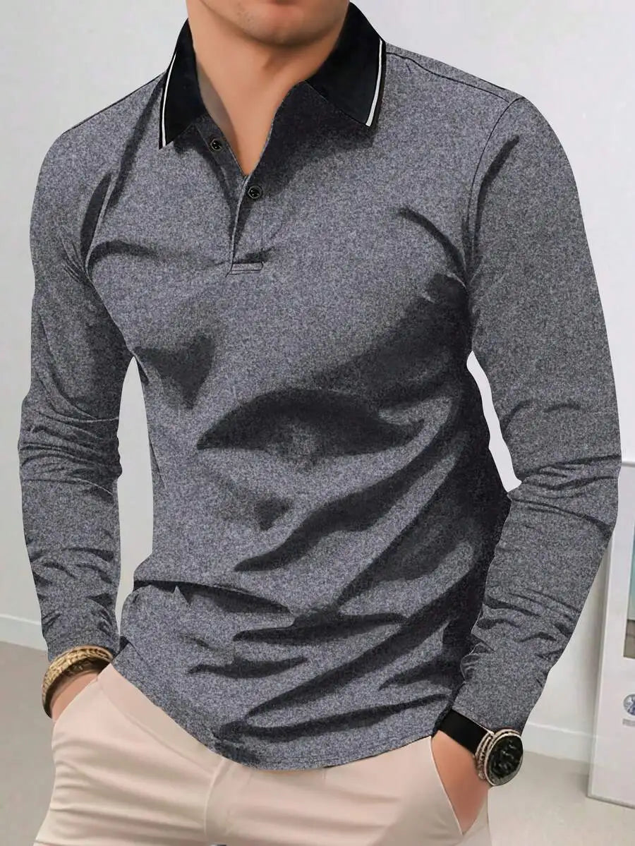 Men's Black Long Sleeve Polo Shirt, Regular Fit, Lightweight Casual Top for Spring Autumn