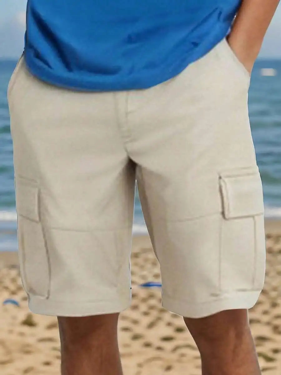 Men's Solid Color Cargo Shorts With Elastic Waist Pockets Summer
