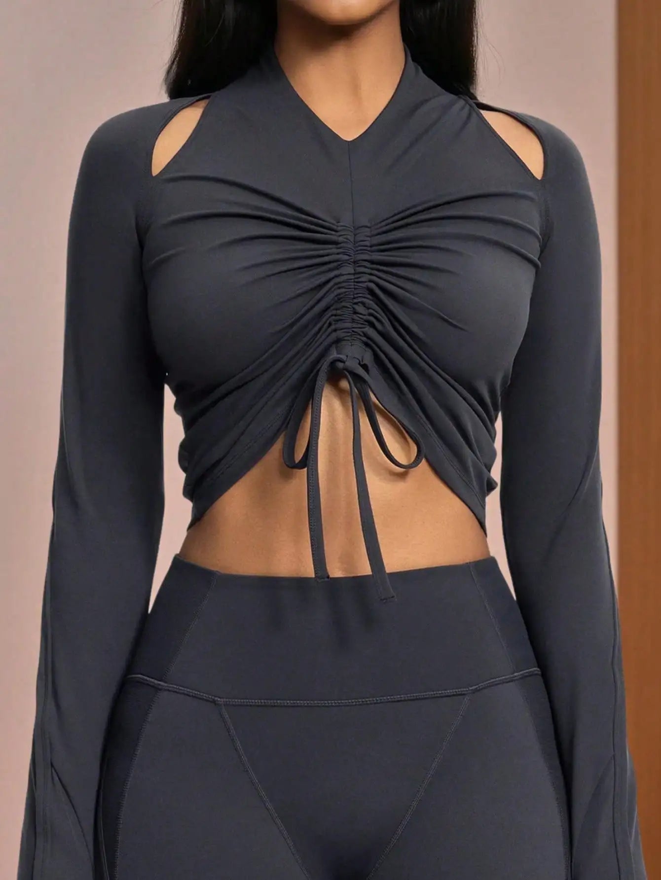Fisoew Womens Long Sleeve Ruched Tops Workout Slim Fit Cropped Drawstring Shirts Gym Yoga Outfits