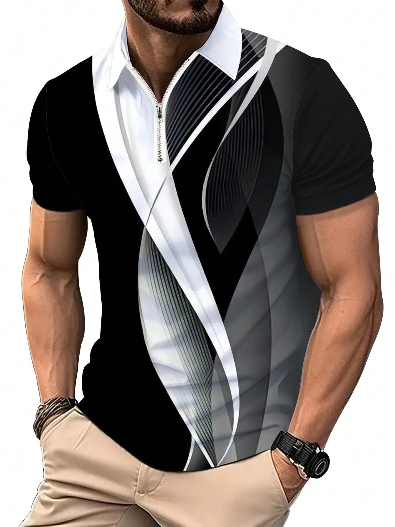 Men's Short Sleeve 3D Abstract Graphic Polo Shirt, Summer Casual Wear