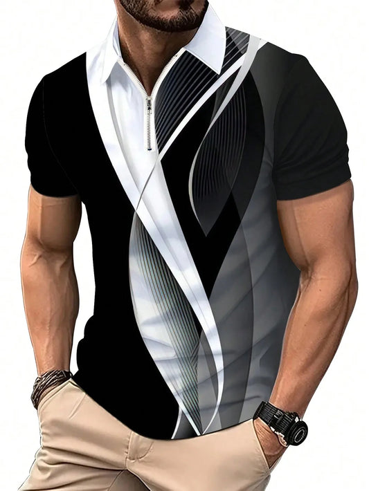 Men's Short Sleeve 3D Abstract Graphic Polo Shirt, Summer Casual Wear