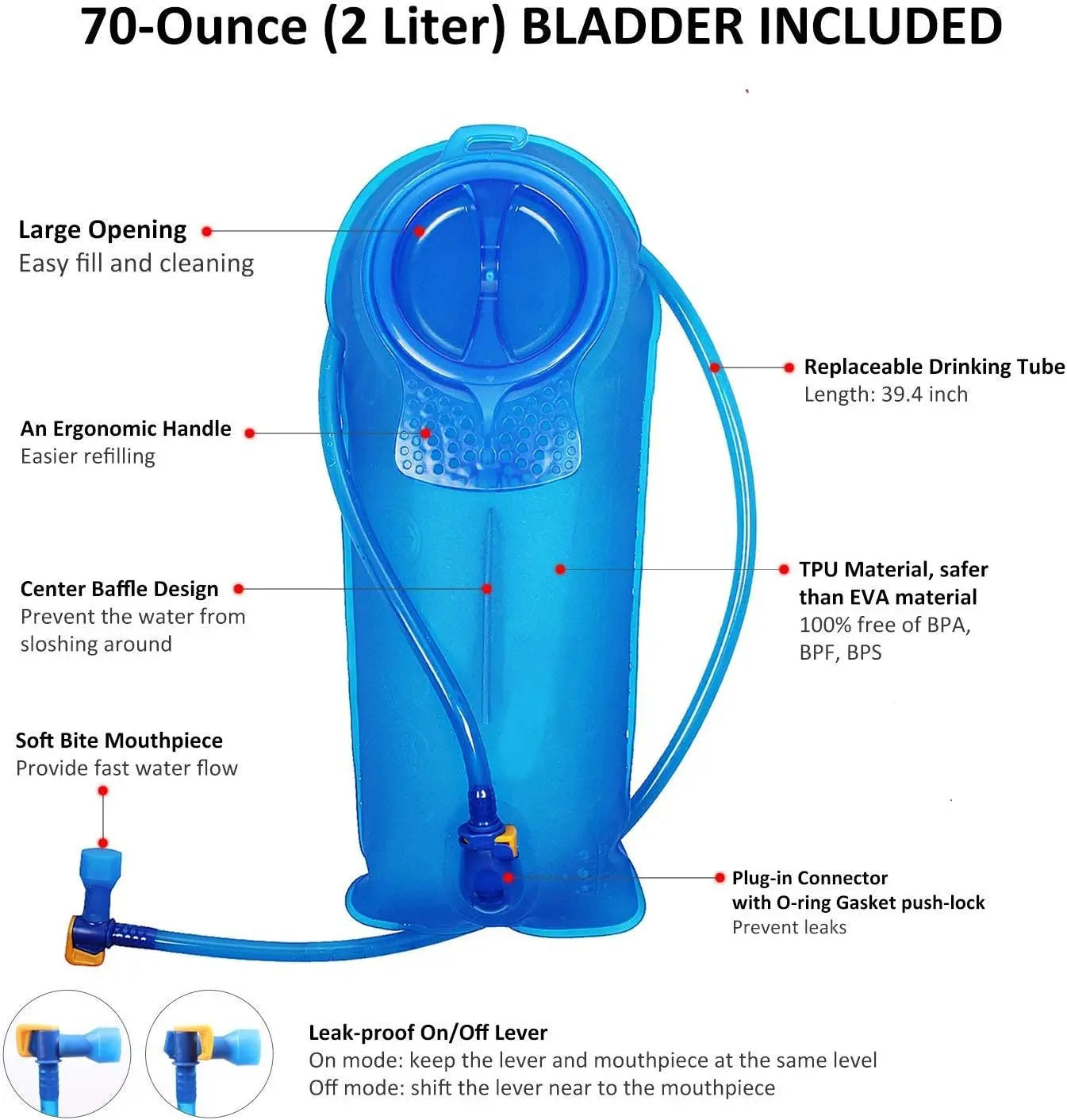 Backpack w/ 2L (70oz) Water Bladder - Perfect for Hiking, Cycling, Camping.