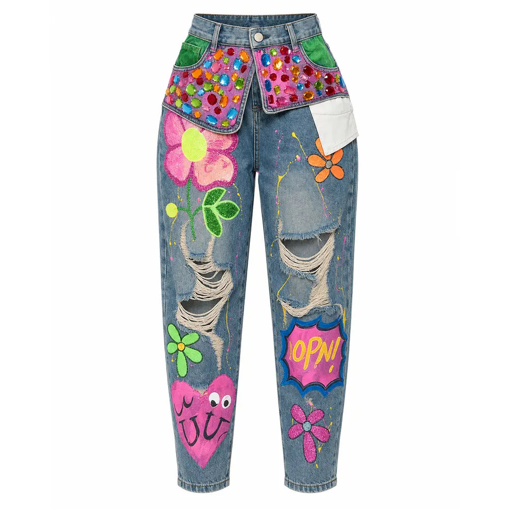GLOURI Womens Colorful Rhinestone Graffiti Print Pocket Distressed Denim Jeans