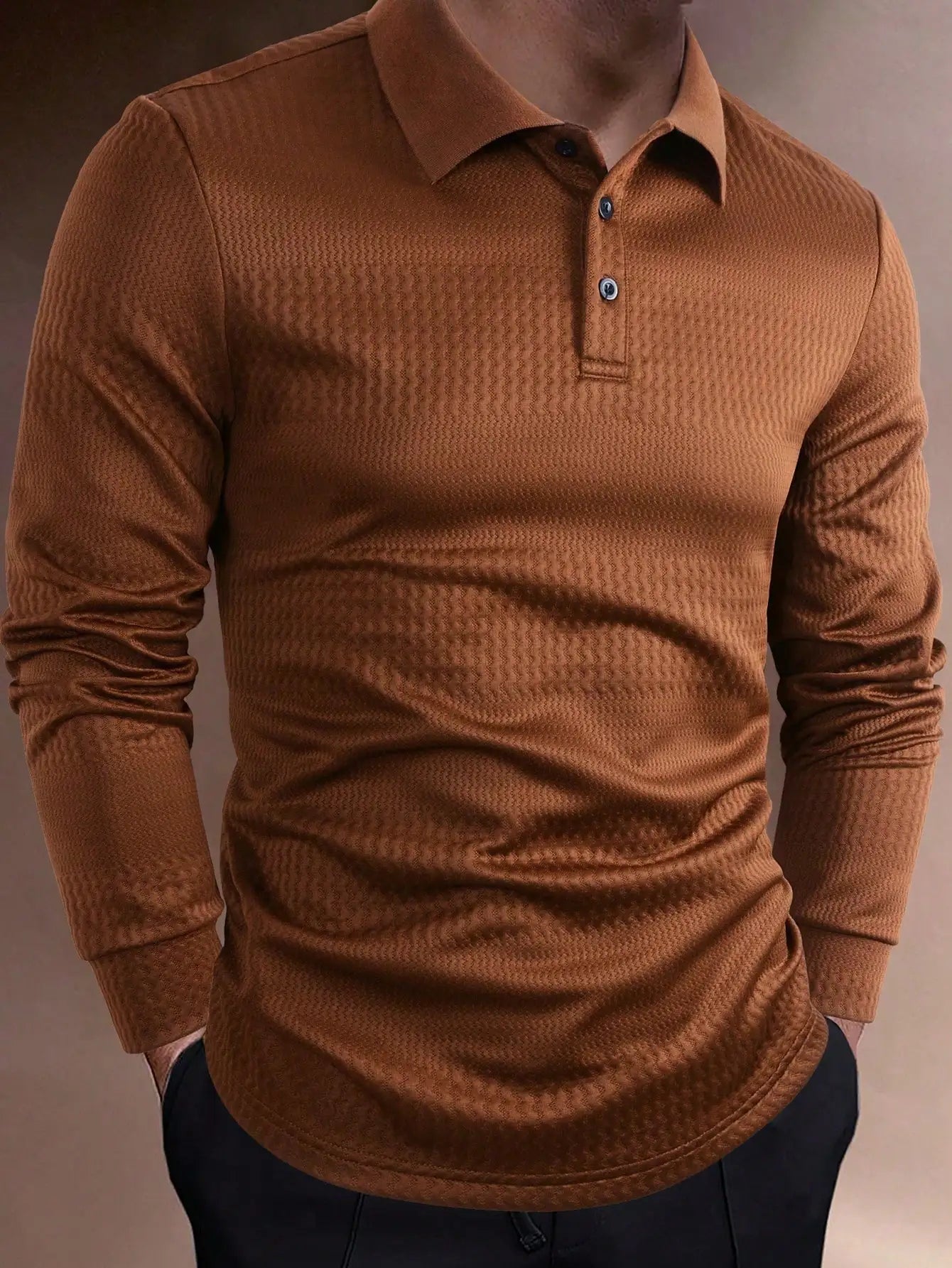 Men's Long Sleeve Textured Knit Polo Shirt - Solid White, Casual Business Wear