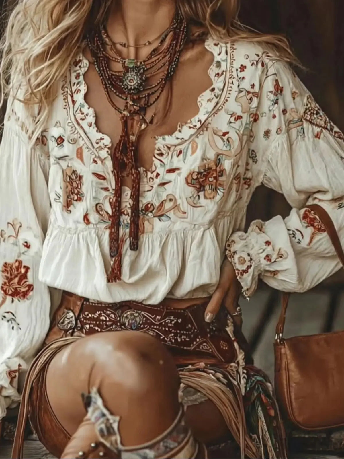 Boho Floral Blouse for Women Tassel Tie Puff Sleeve