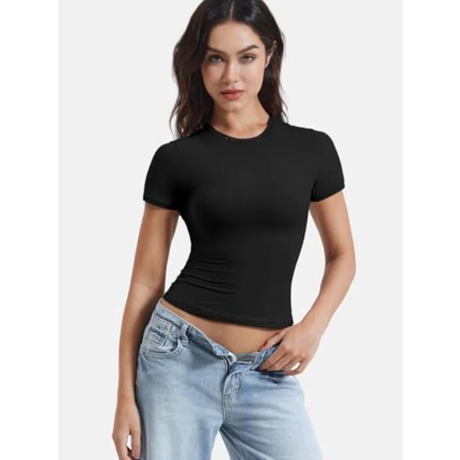Ease Women Fitted Workout Tops Short Sleeve Double Lined Basic Y2K Going Out Crew Neck Compression Crop Top