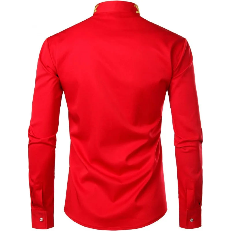 Men's Gold Embroidery Mandarin Collar Slim Fit Long Sleeve Shirt