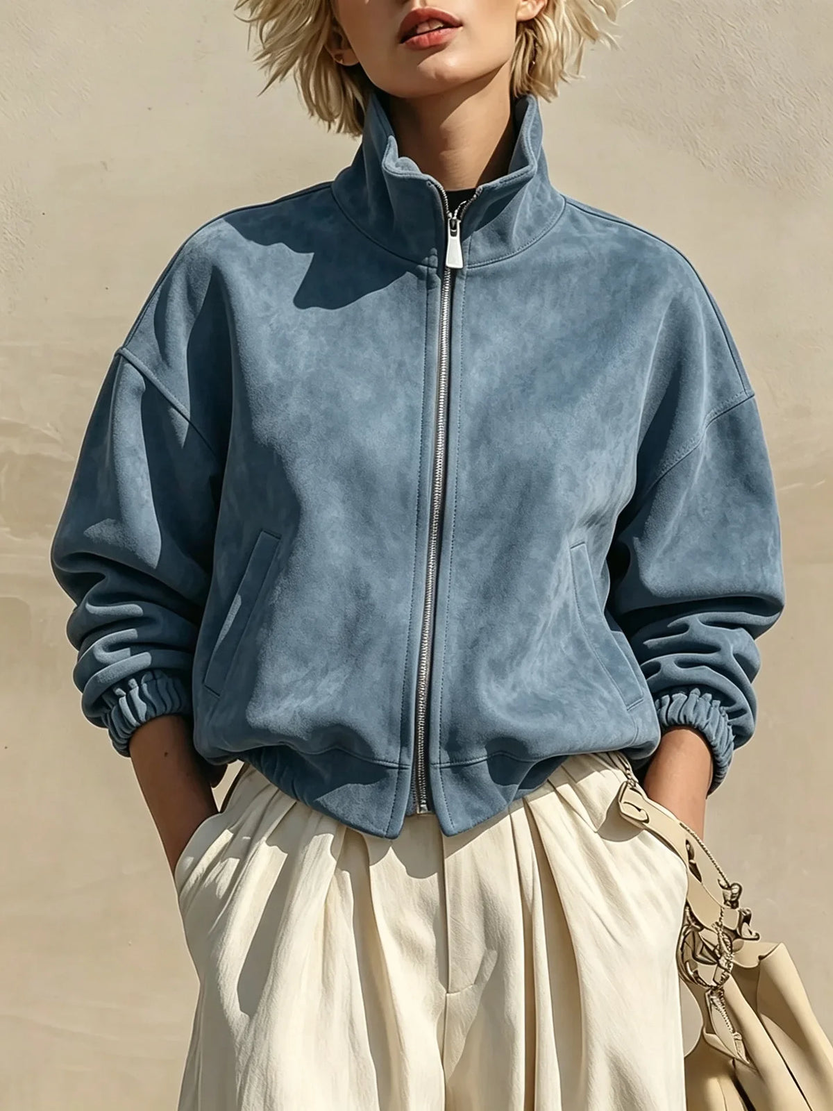 Women's Retro Suede Style Stand Collar Zipper Jacket Cinched Sleeves