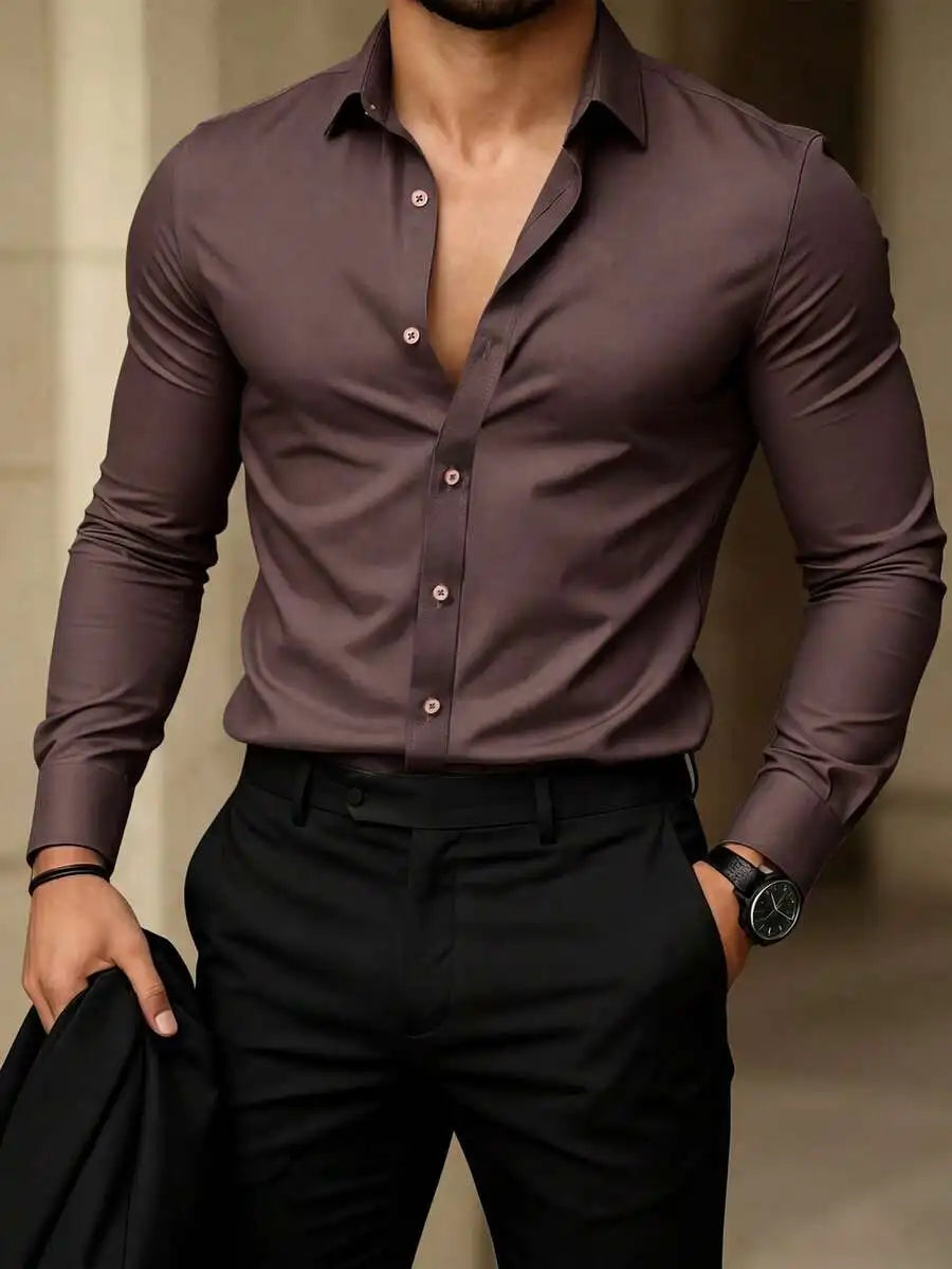 Solid Color Long Sleeve Casual Shirt For Men With Turn Down Collar