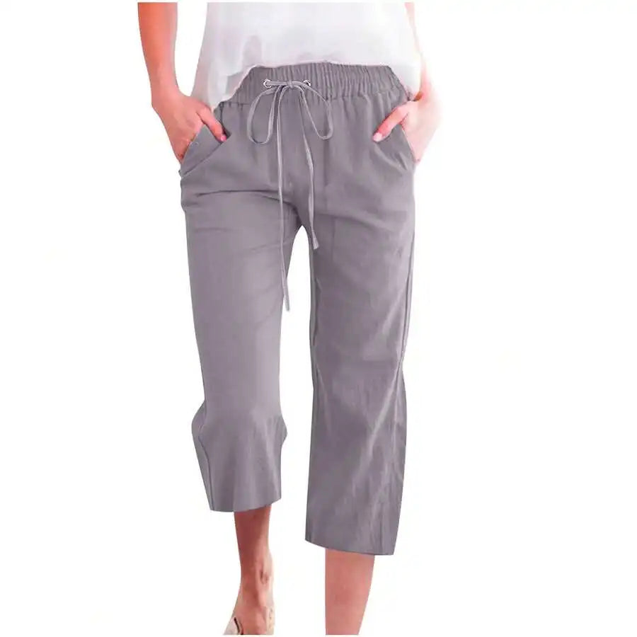 Womens Summer Elastic High Waist Linen Cotton Blend Drawstring Capris