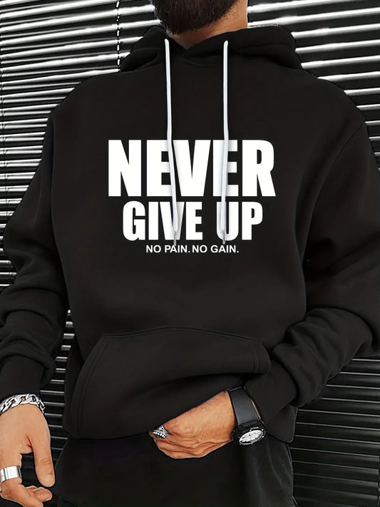Men'S Hoodie - NEVER GIVE UP Motivational Sweatshirt, Hooded Pullover for Gym, Casual Attire - Fall/Winter Clothing