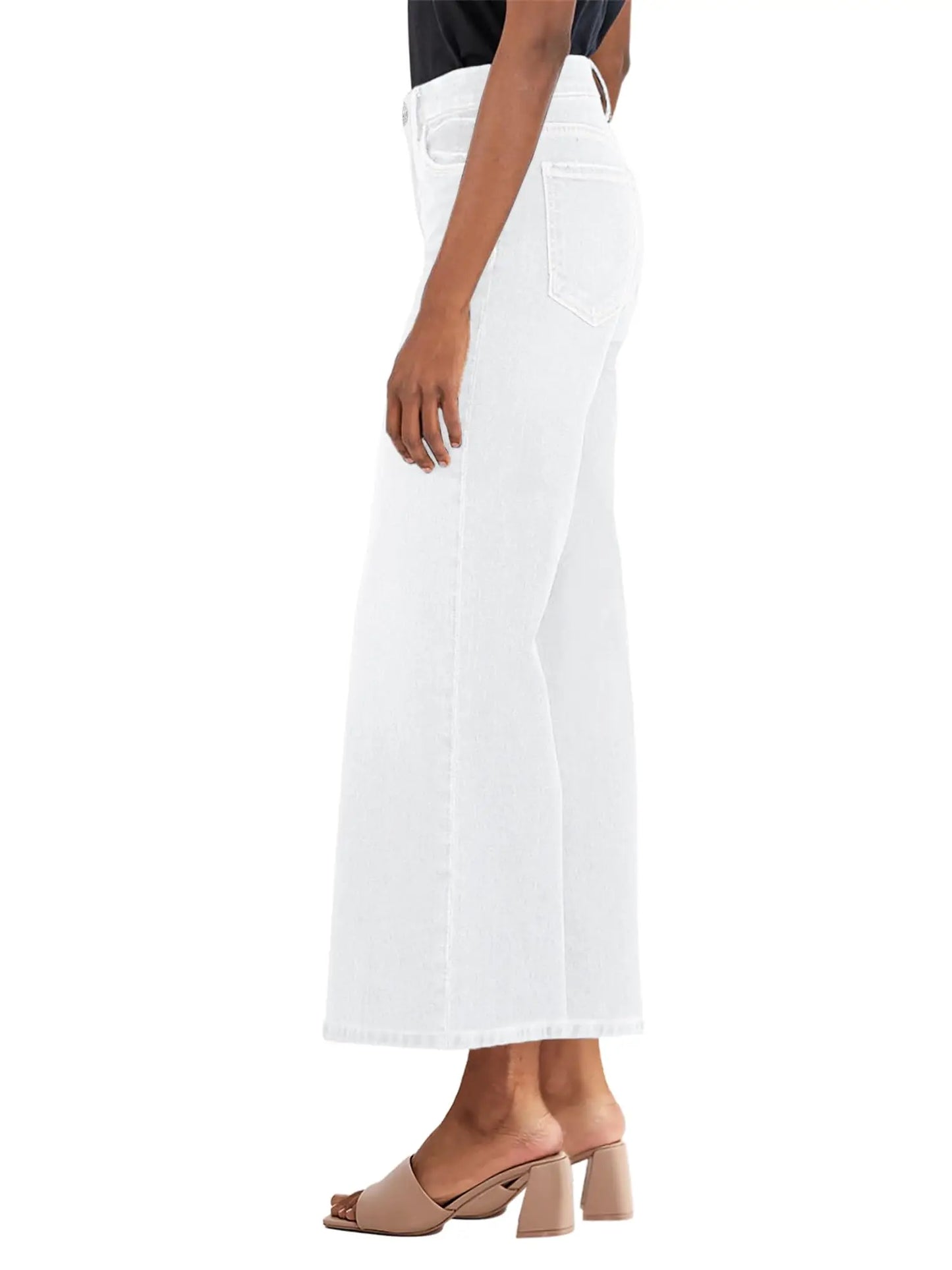 Genleck Wide Leg Jeans Cropped Loose Fit High Waisted Stretchy Capri Denim Pants Baggy Petite Jeans Short Girls Friendly White C
