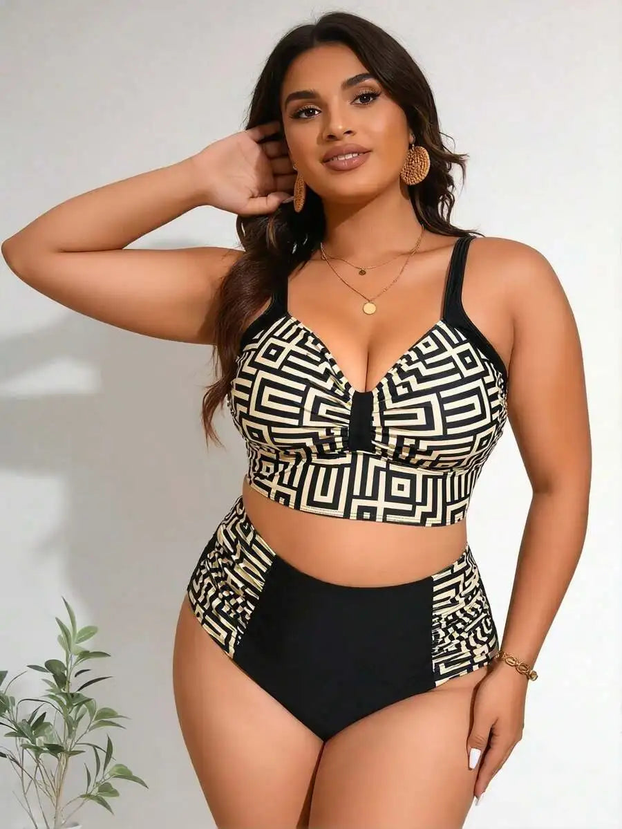 Geometric Print Two Piece Swimsuit With Crop Top For Women