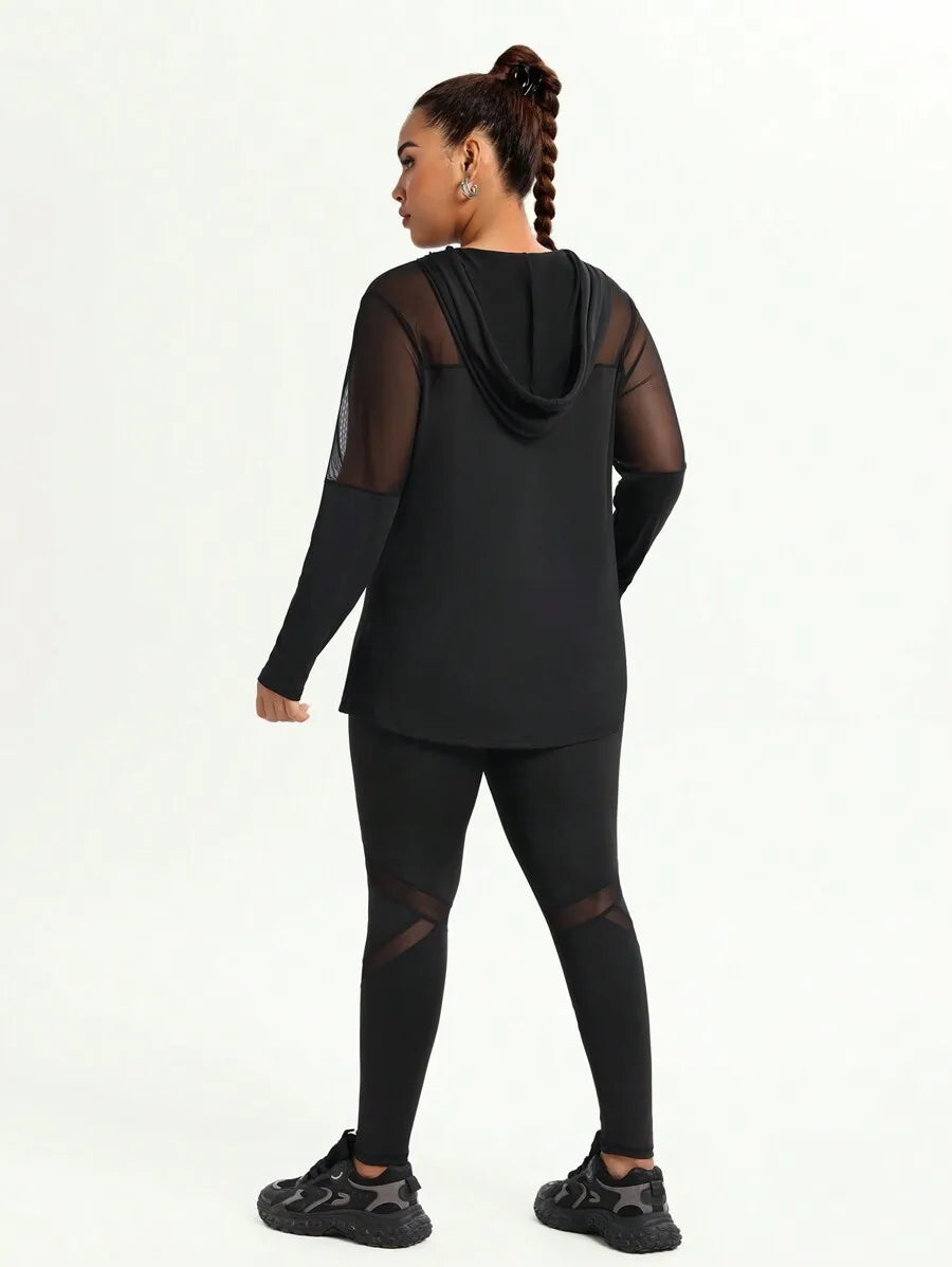 Plus Size Mesh Splice Hooded Sheer Long Sleeve Top And Leggings Activewear Set