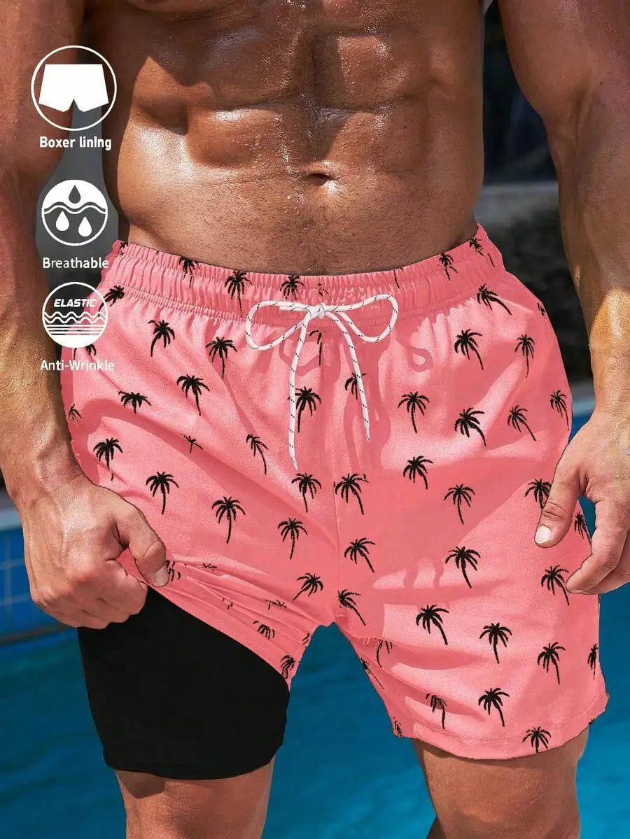 Palm Tree Print Drawstring Beach Shorts For Men Beachwear Holiday