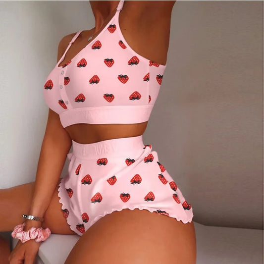 2 Piece Women's Pajama Shorts Set With Prints Nightwear Camisoles
